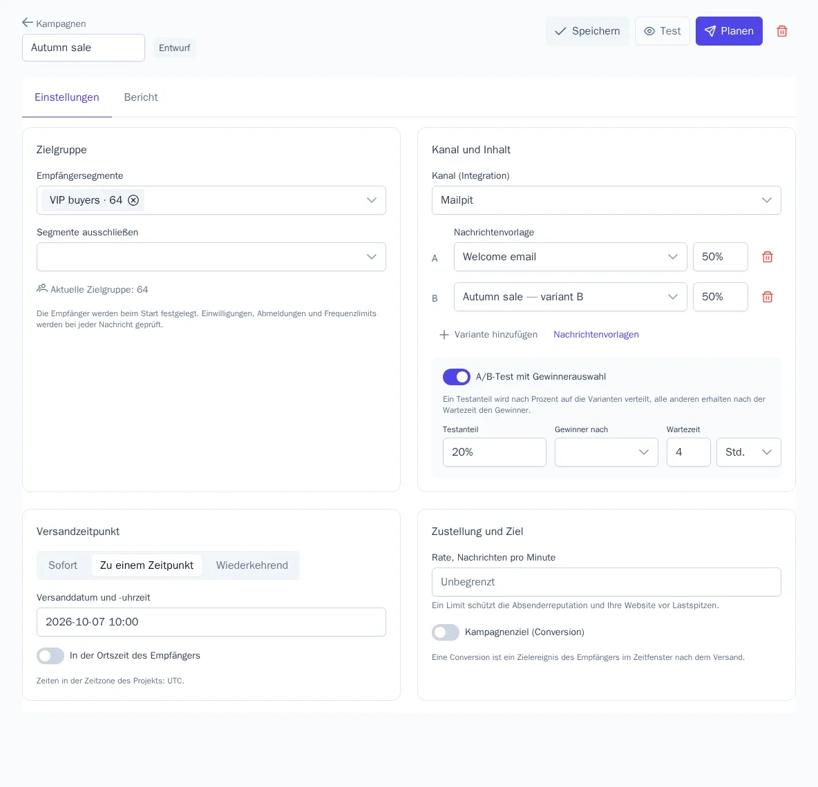 Kampagneneinstellungen mit zwei Varianten und A/B-Test
