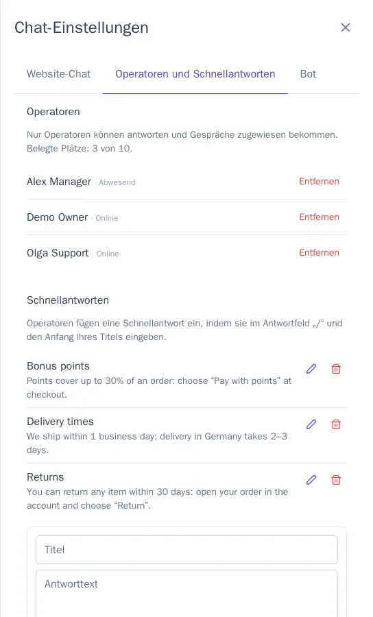 Operatoren und Schnellantworten