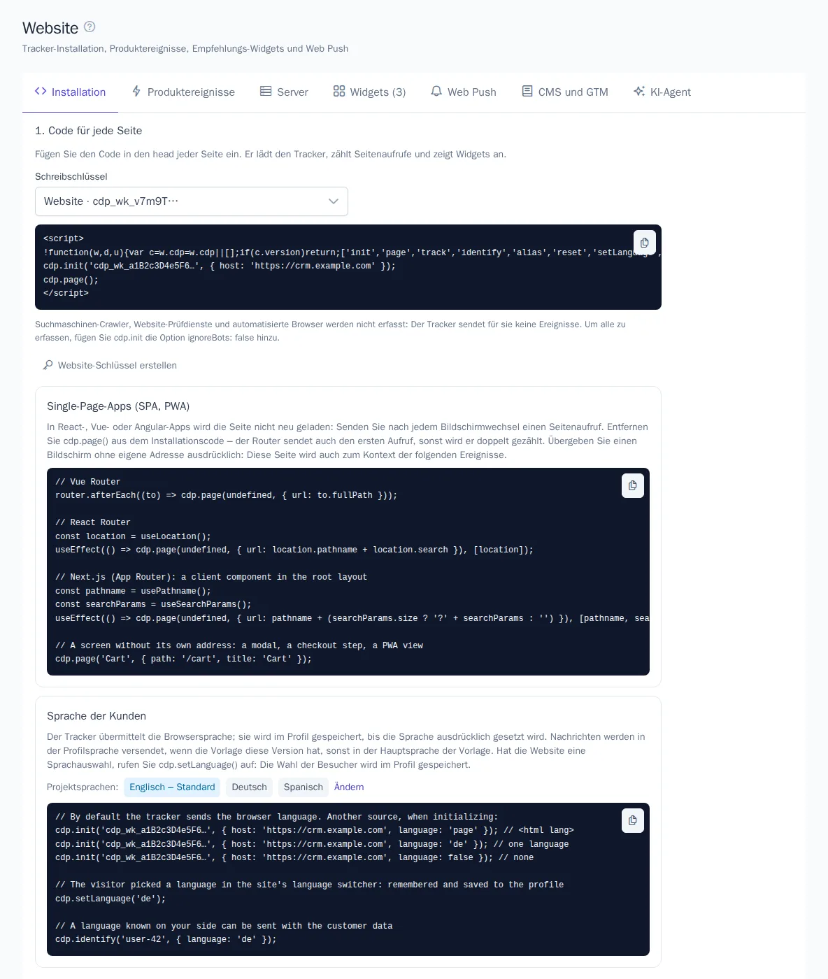 Tab „Installation“: Tracker-Code und Installationsprüfung