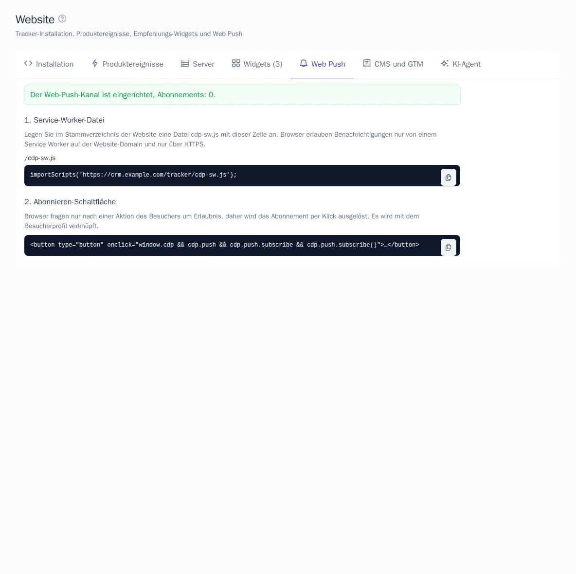 Tab „Web Push“: Kanalstatus und Code für die Website