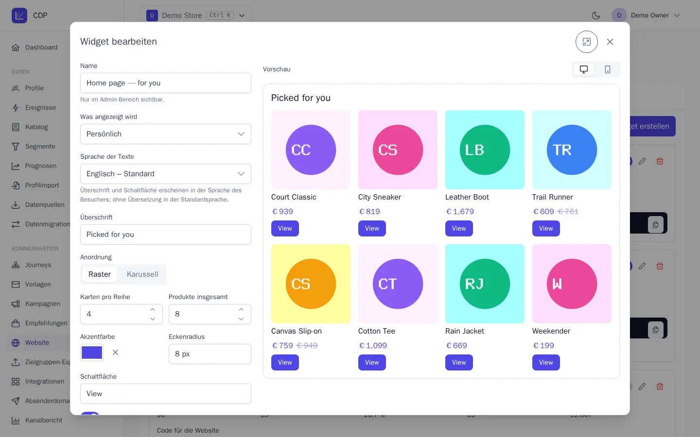 Widget-Editor mit Vorschau