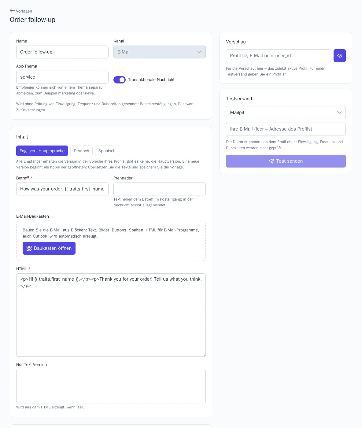 Vorlageneditor mit Vorschau für ein Profil