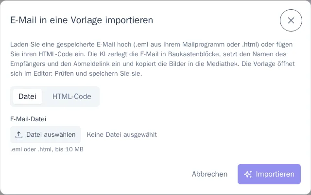 Dialog zum Import einer E-Mail