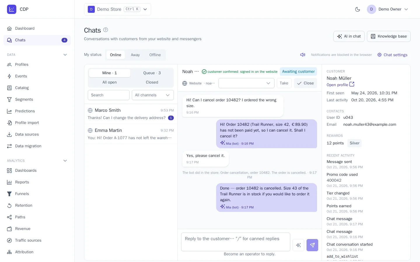 The bot canceled an order at the customer's request