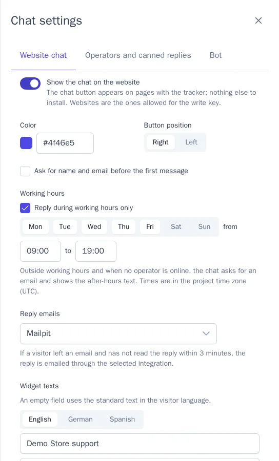 Website chat settings