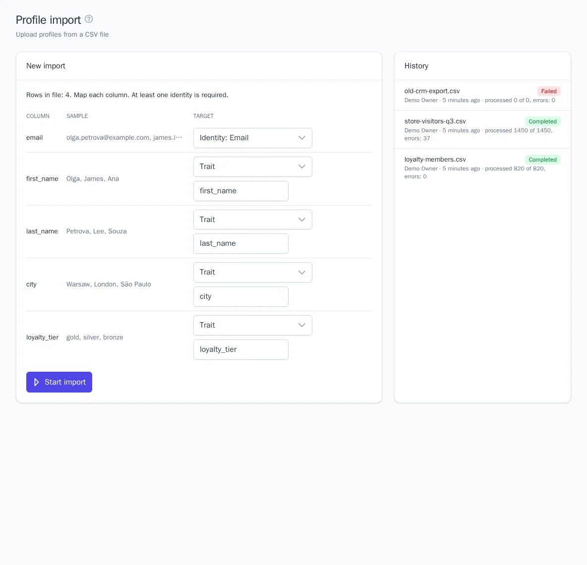 Profile import: mapping file columns