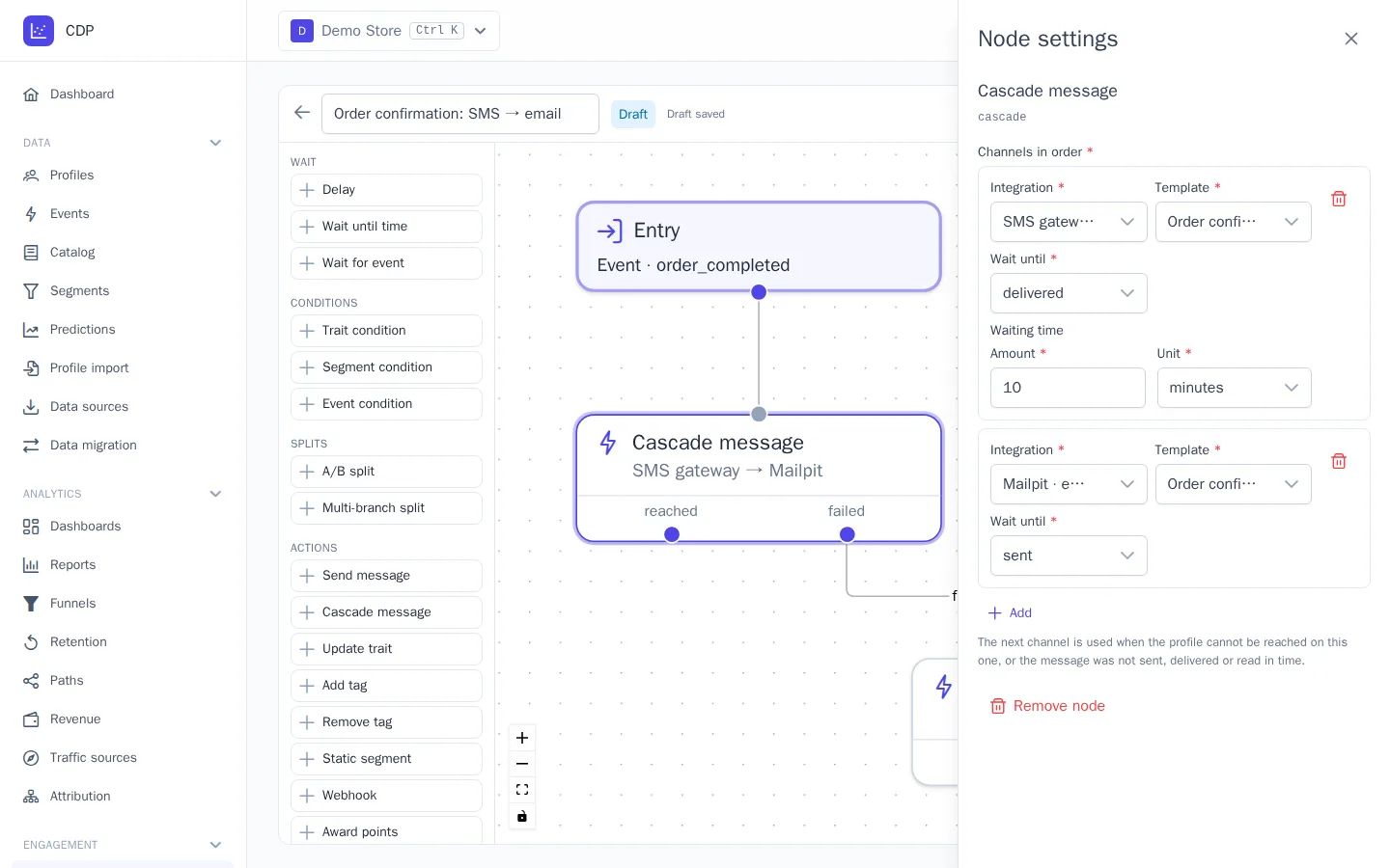 Cascade message node settings: SMS, and if it isn't delivered within 10 minutes, an email