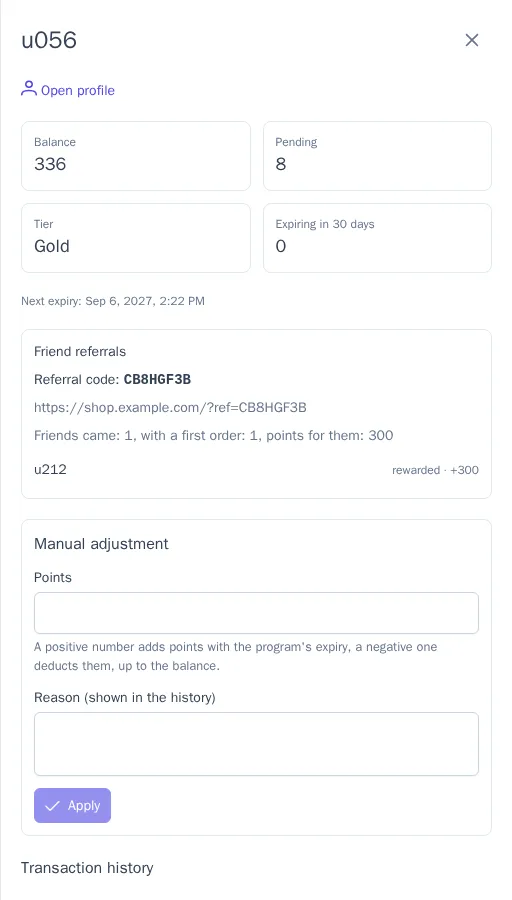 Member account with transaction history