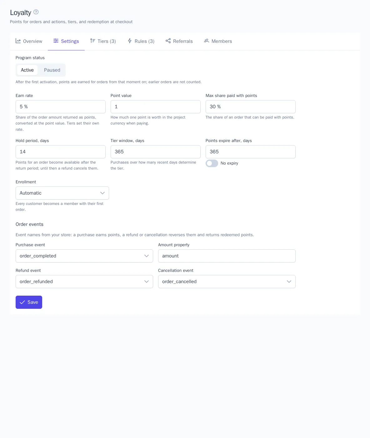 Loyalty program settings