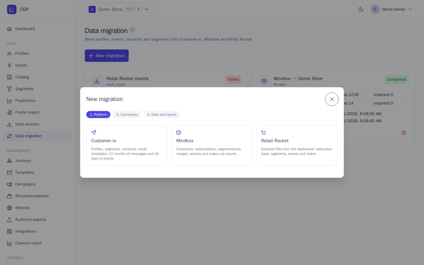 Data selection step in the migration wizard