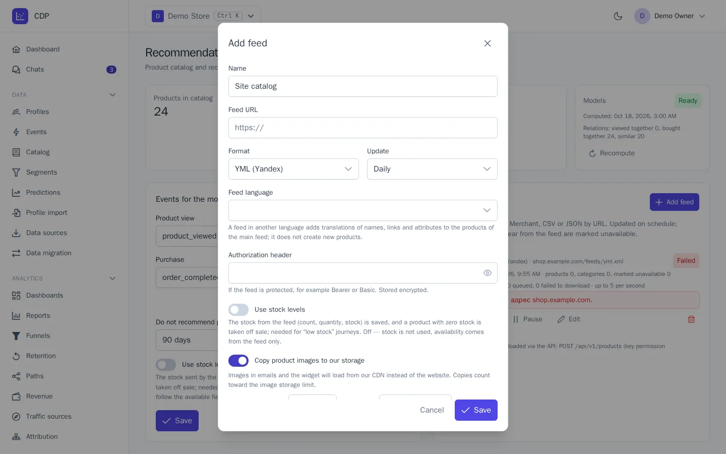 Add product feed dialog