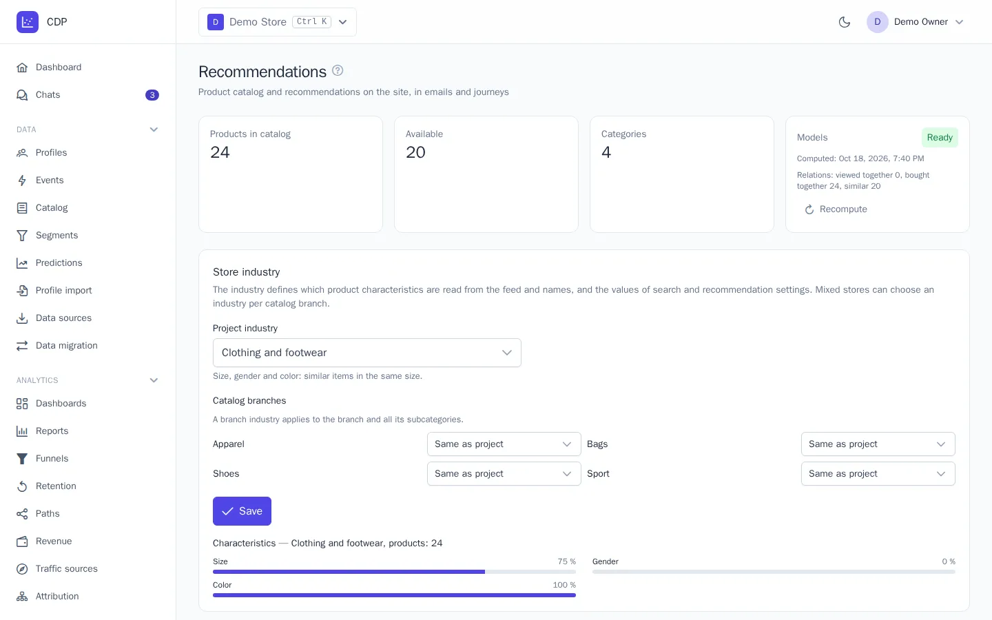 Recommendations page: catalog, model status, and feeds