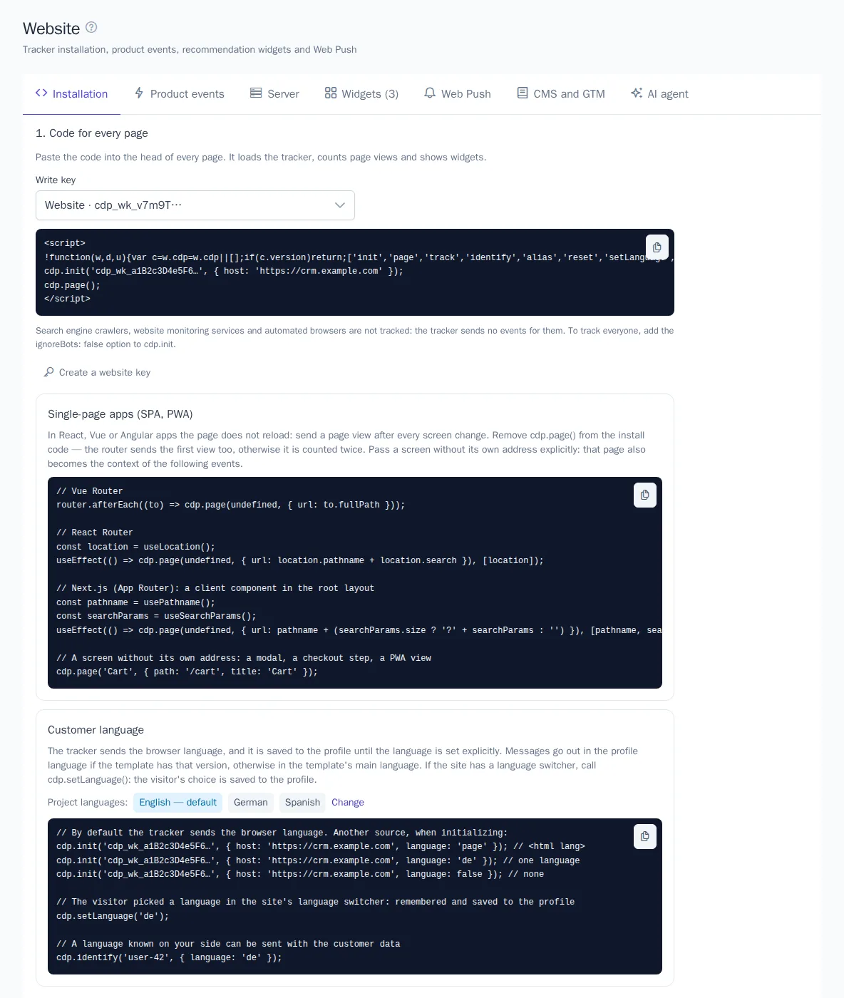 Installation tab: tracker code and installation check