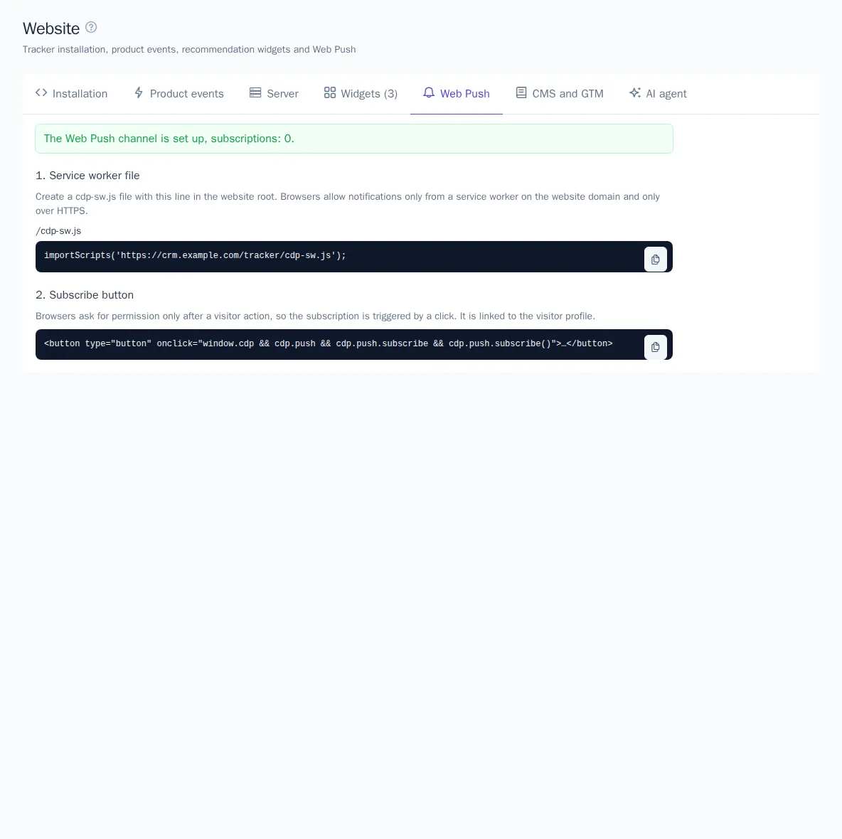 Web Push tab: channel status and website code