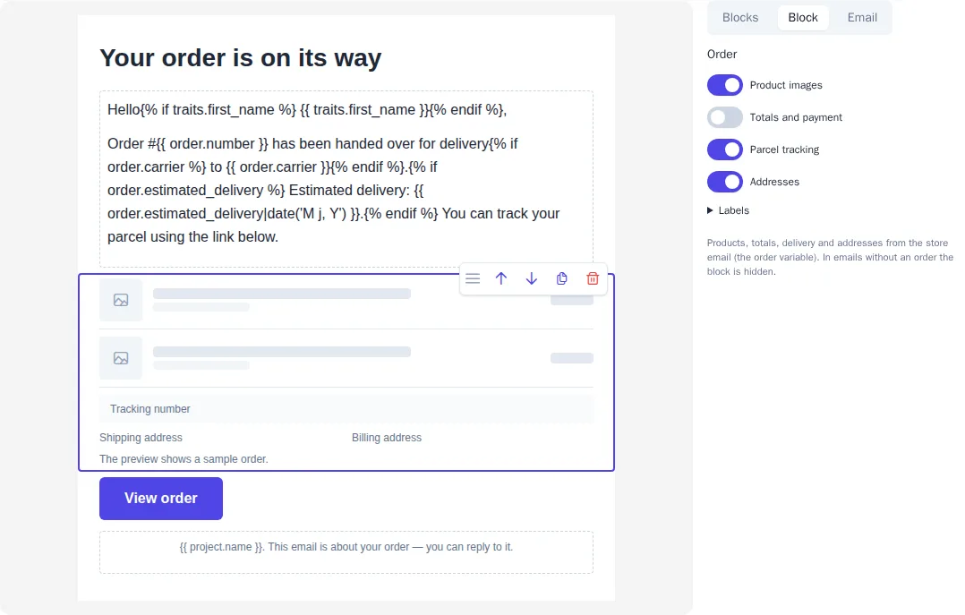 The Order block in the builder