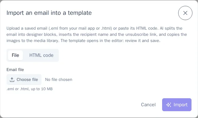 Email import dialog
