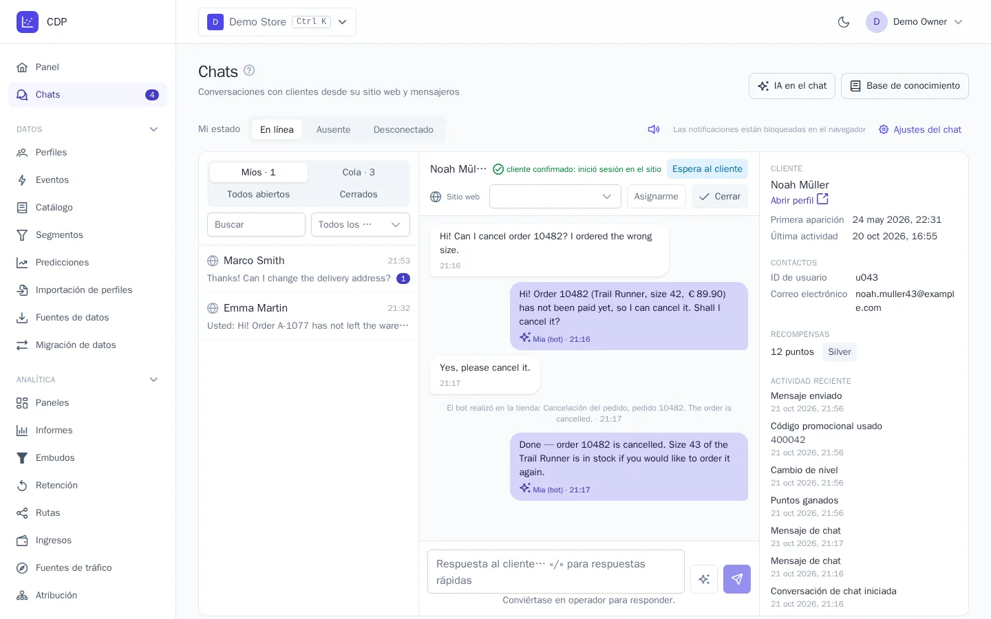 El bot canceló un pedido a petición del cliente