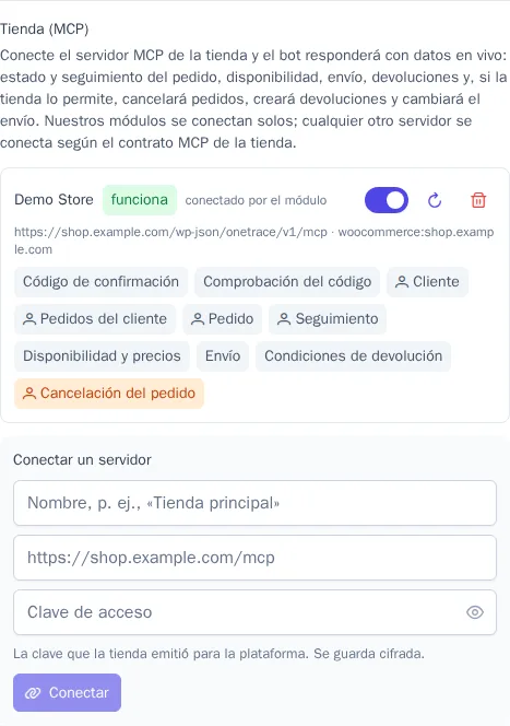 Tienda (MCP) en los ajustes del bot