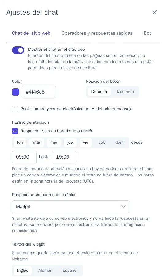 Configuración del chat del sitio web