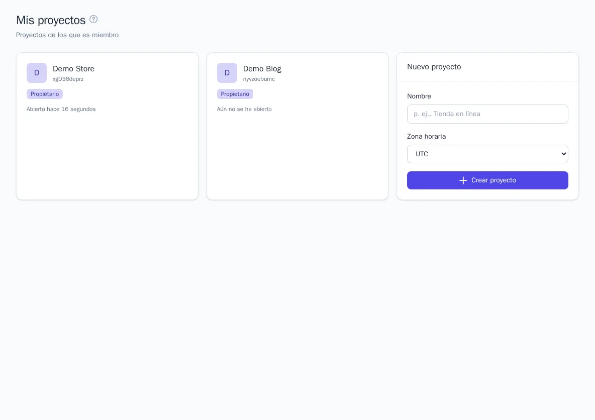 Lista de proyectos y formulario de creación