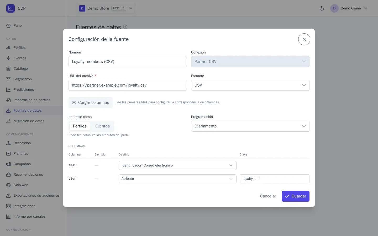 Configuración de una fuente de datos con la correspondencia de columnas