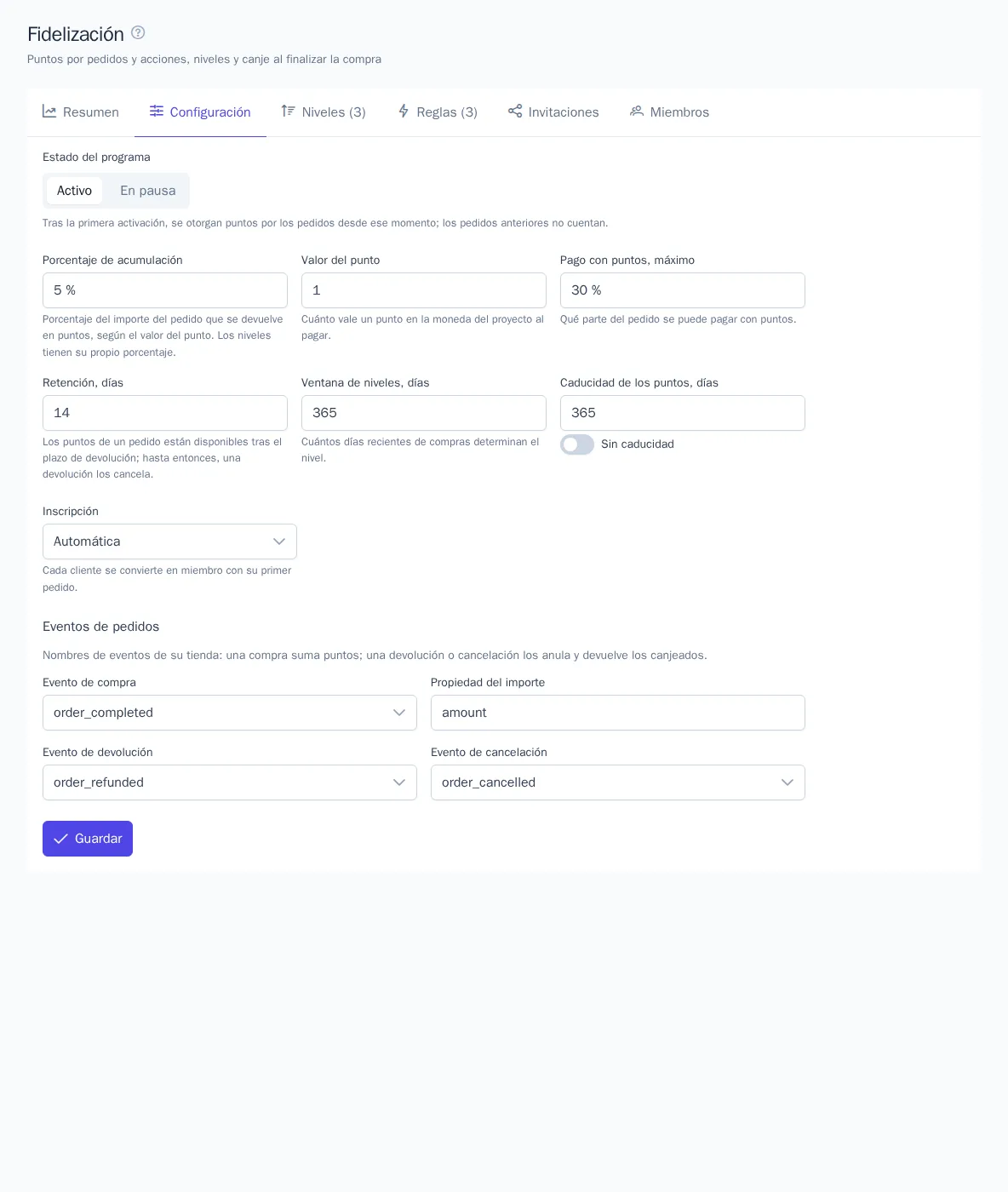 Configuración del programa de fidelización