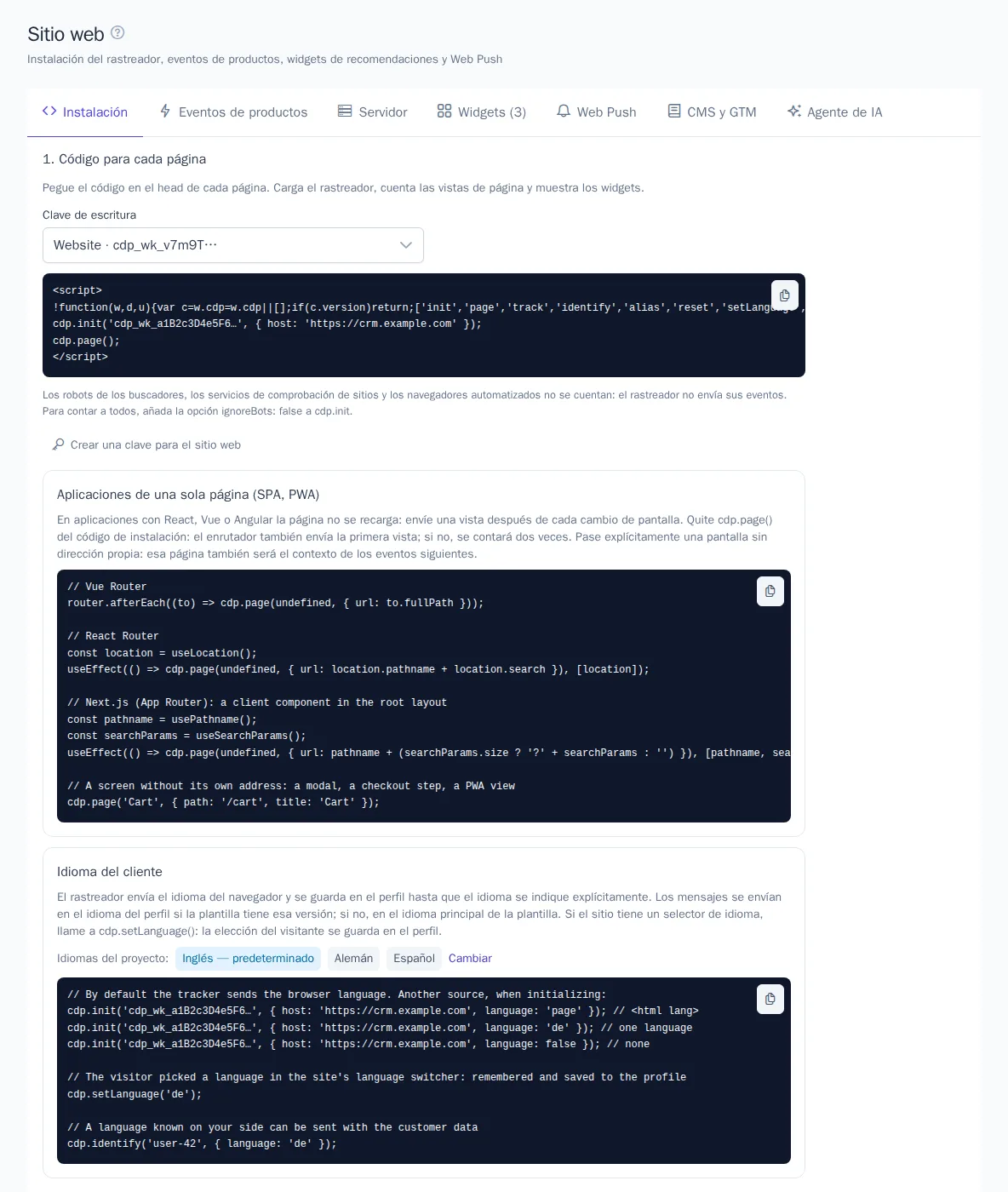 Pestaña «Instalación»: código del rastreador y comprobación de la instalación