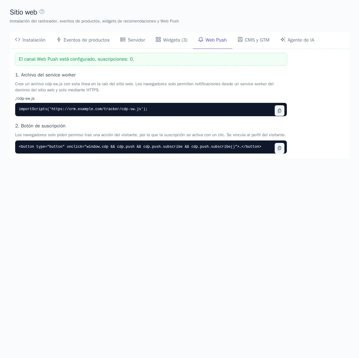 Pestaña «Web Push»: estado del canal y código para el sitio web