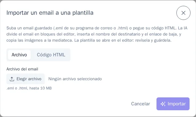 Diálogo de importación de email