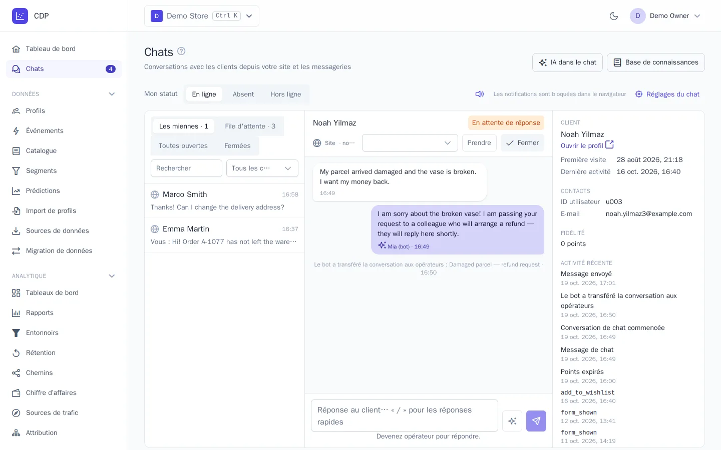 Le bot a transféré la conversation à un opérateur