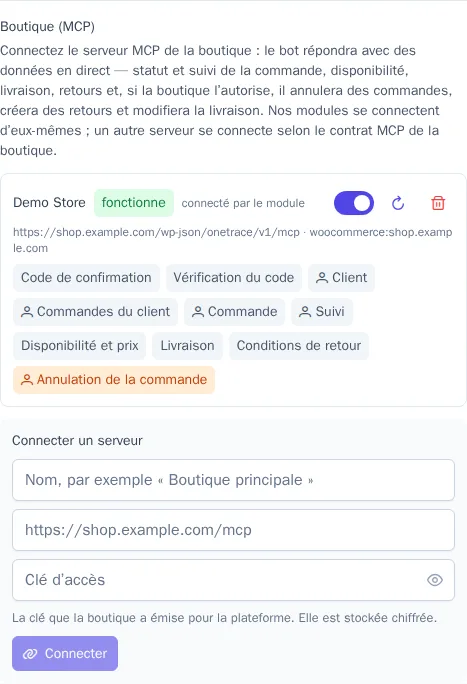 Boutique (MCP) dans les réglages du bot