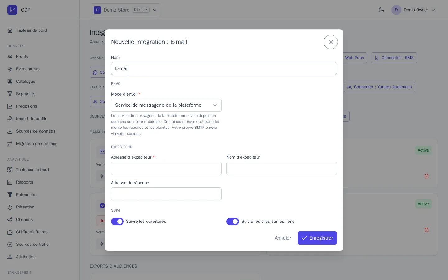 Fenêtre de connexion d'une intégration E-mail