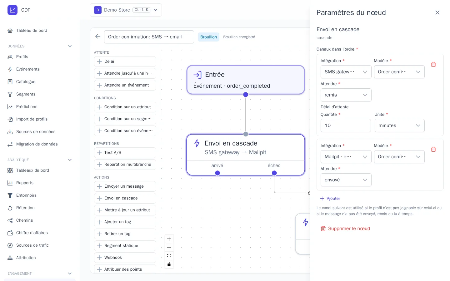 Paramètres du nœud « Envoi en cascade » : SMS, puis un e-mail s'il n'est pas remis en 10 minutes