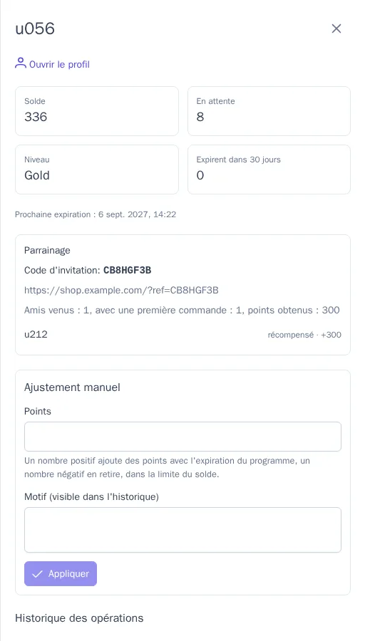 Compte d'un membre avec l'historique des opérations
