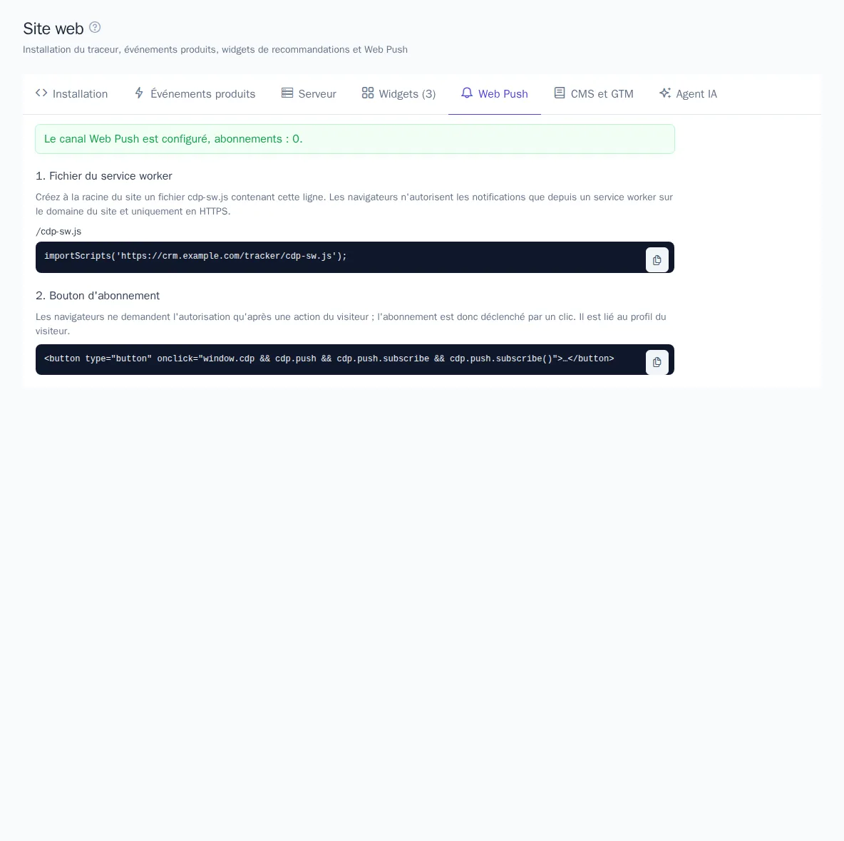 Onglet « Web Push » : statut du canal et code pour le site