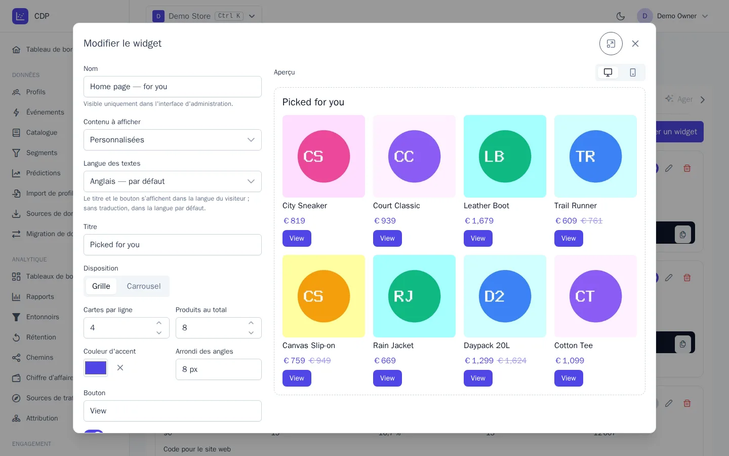 Éditeur de widget avec aperçu
