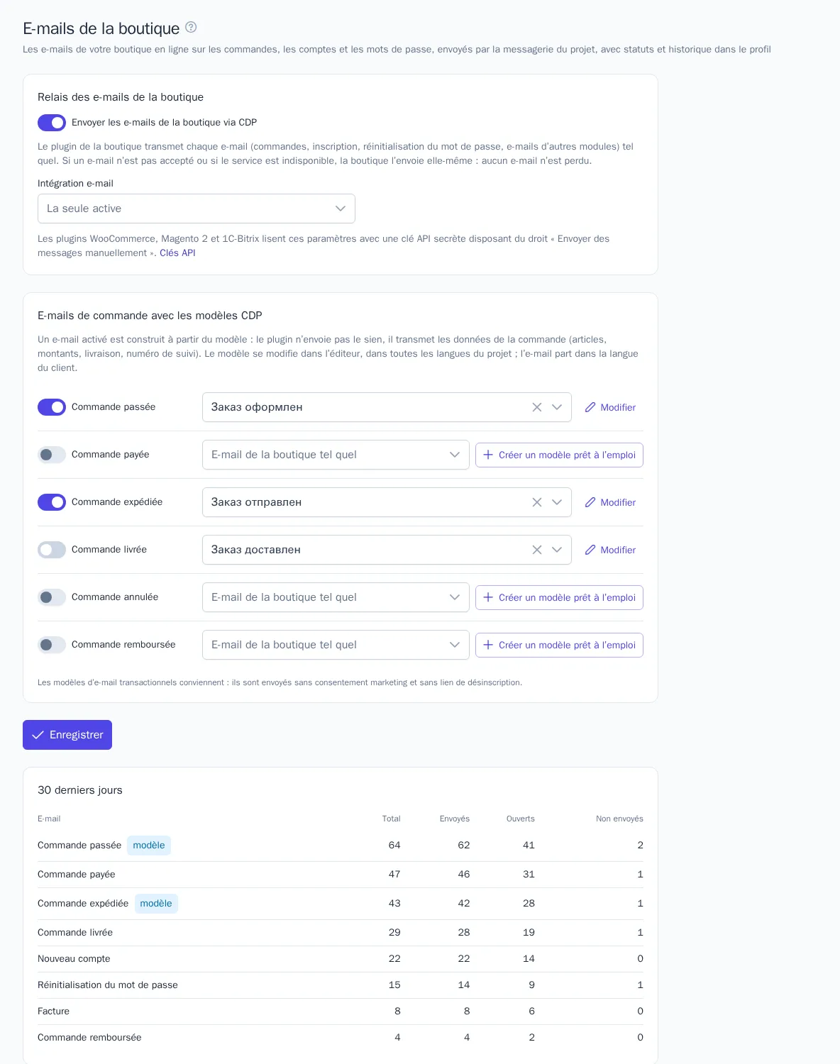 Section « E-mails de la boutique »