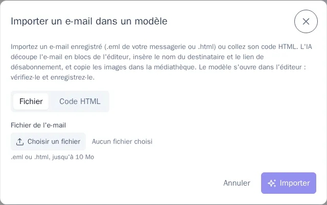 Fenêtre d'import d'un e-mail