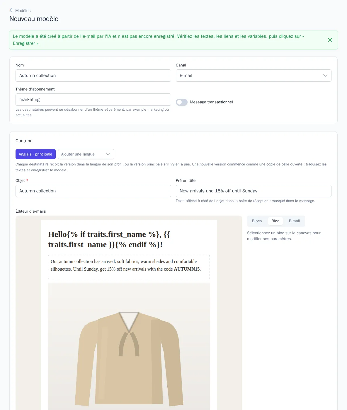 Modèle créé à partir d'un e-mail par l'IA