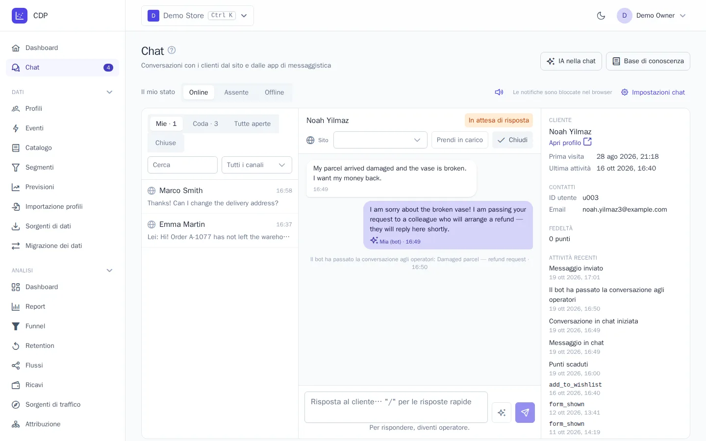 Il bot ha passato la conversazione a un operatore