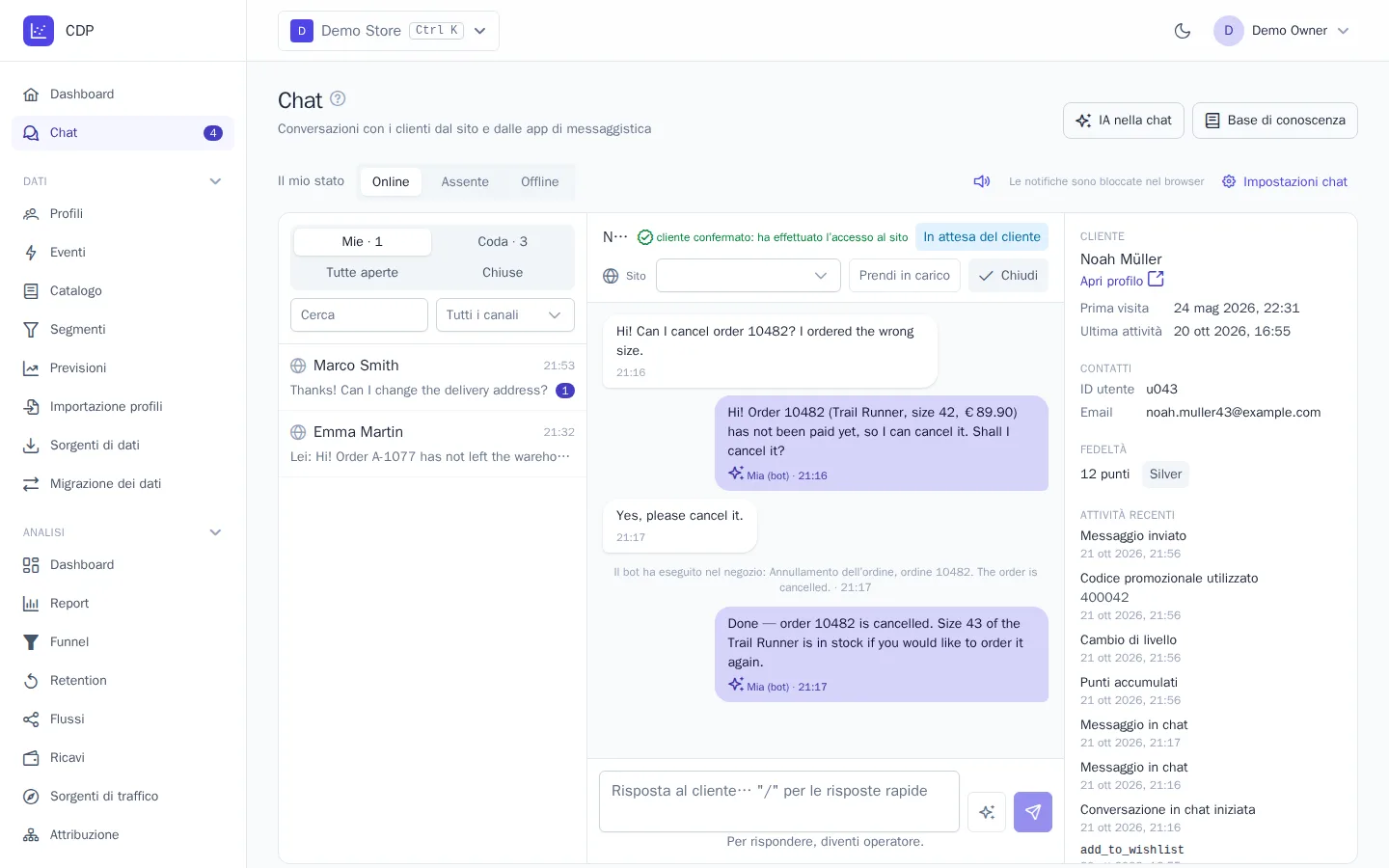 Il bot ha annullato un ordine su richiesta del cliente