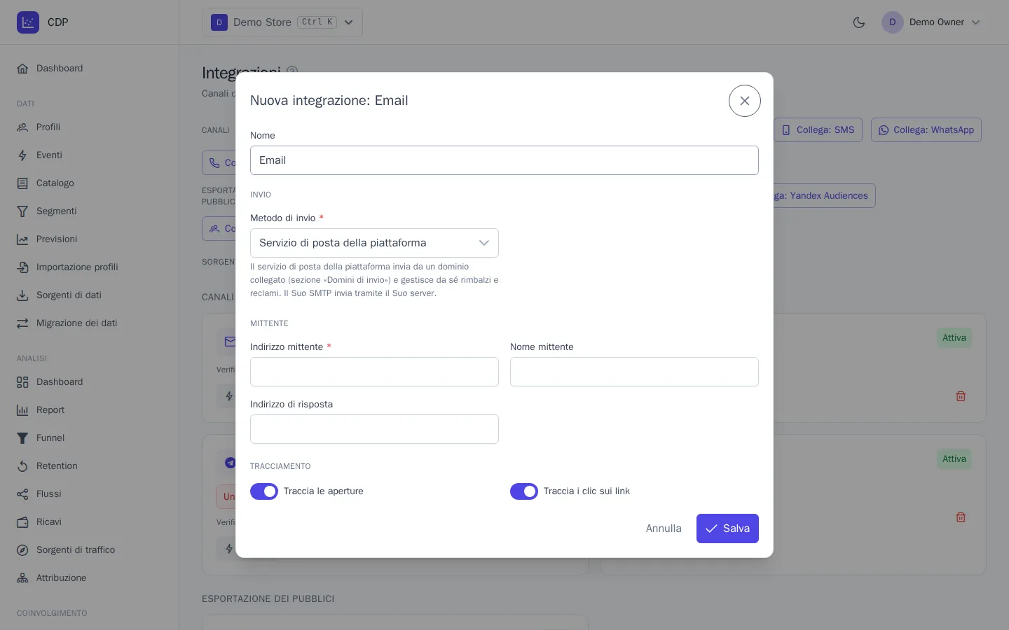 Finestra di collegamento dell'integrazione Email
