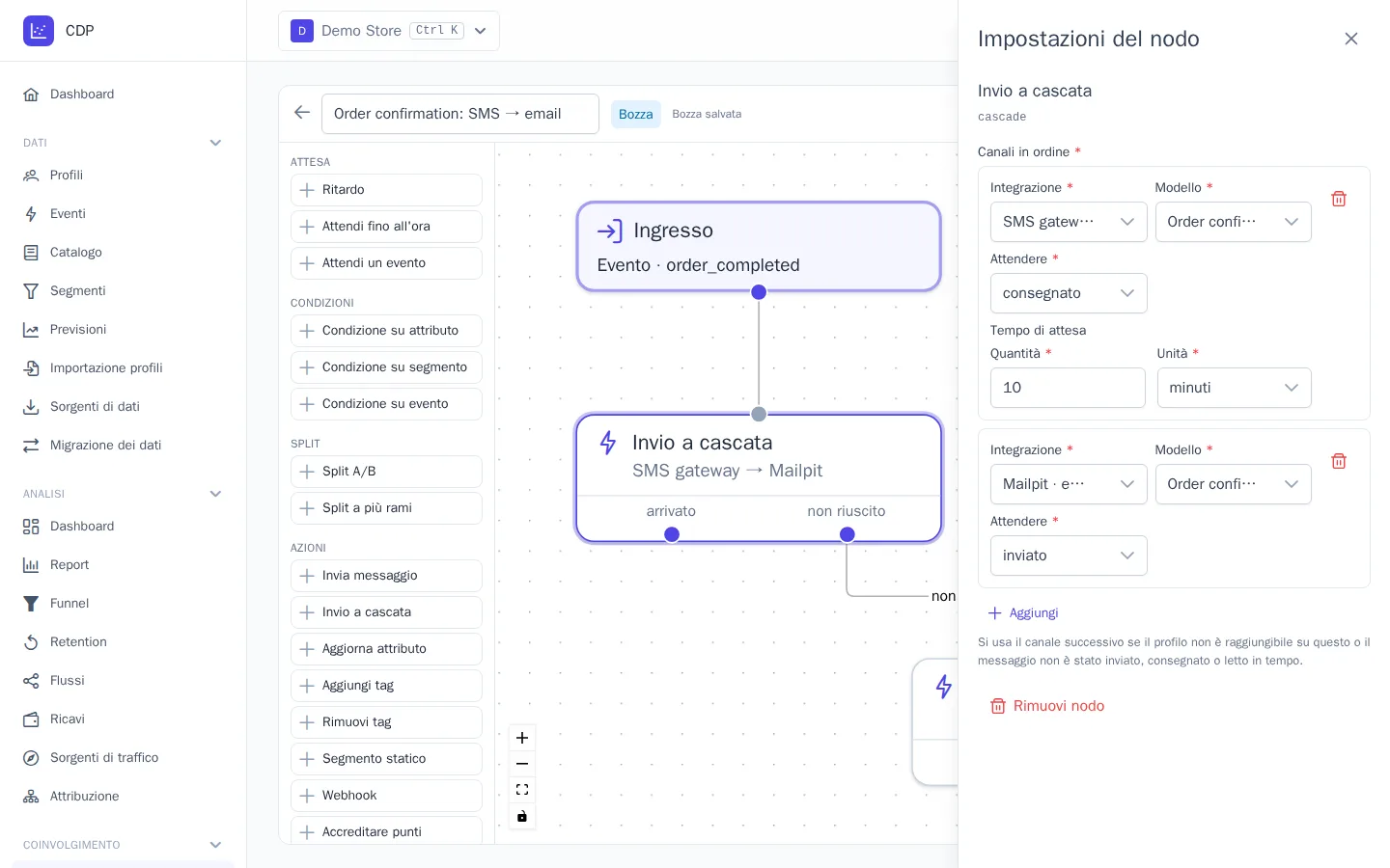 Impostazioni del nodo «Invio a cascata»: SMS e, se non viene consegnato entro 10 minuti, un'email