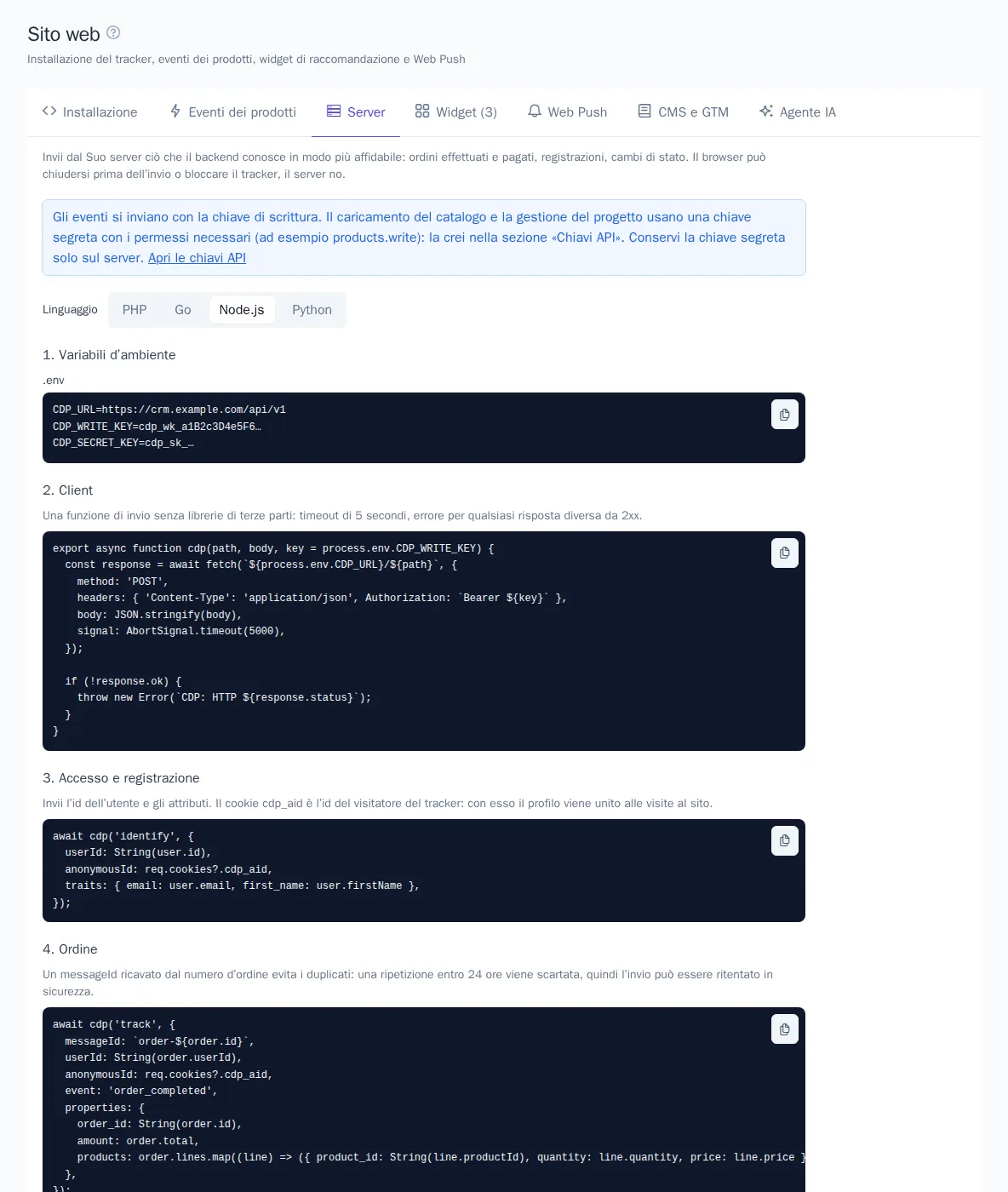Scheda «Server» con esempi in Node.js