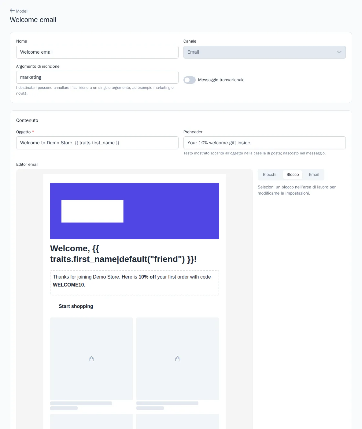Editor email con un blocco selezionato