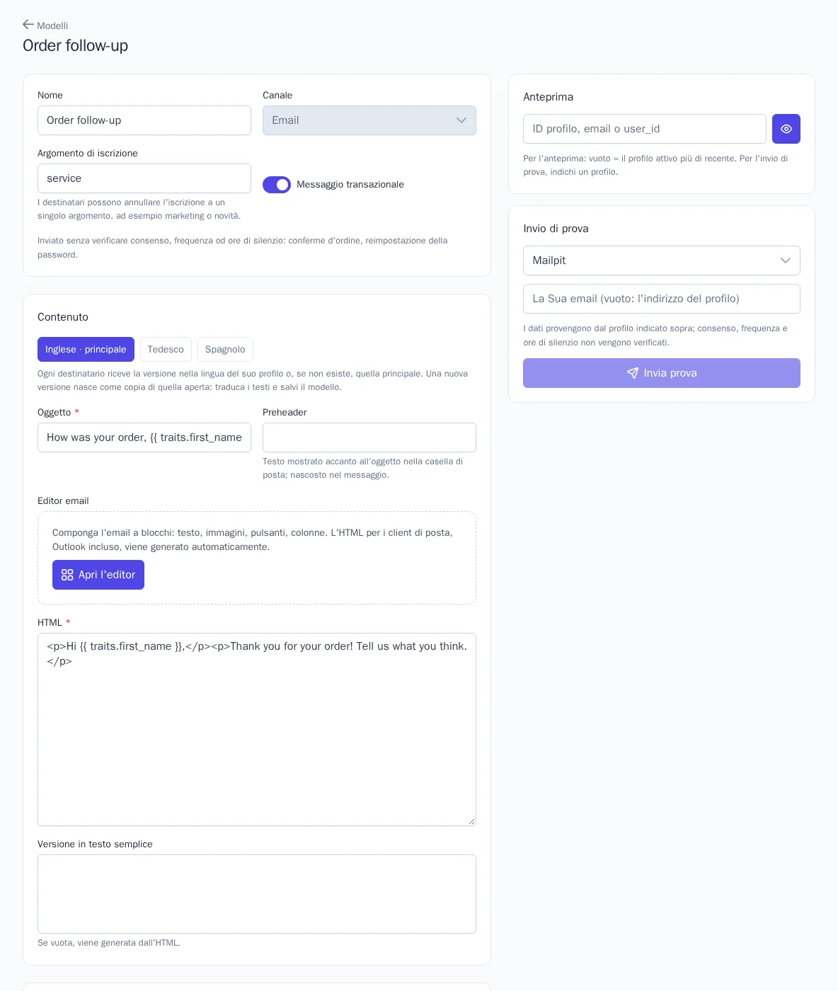 Editor del modello con anteprima su un profilo