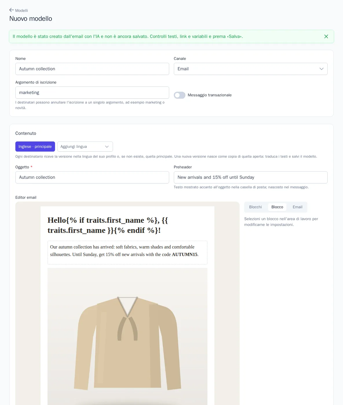Modello creato da un'email con l'IA