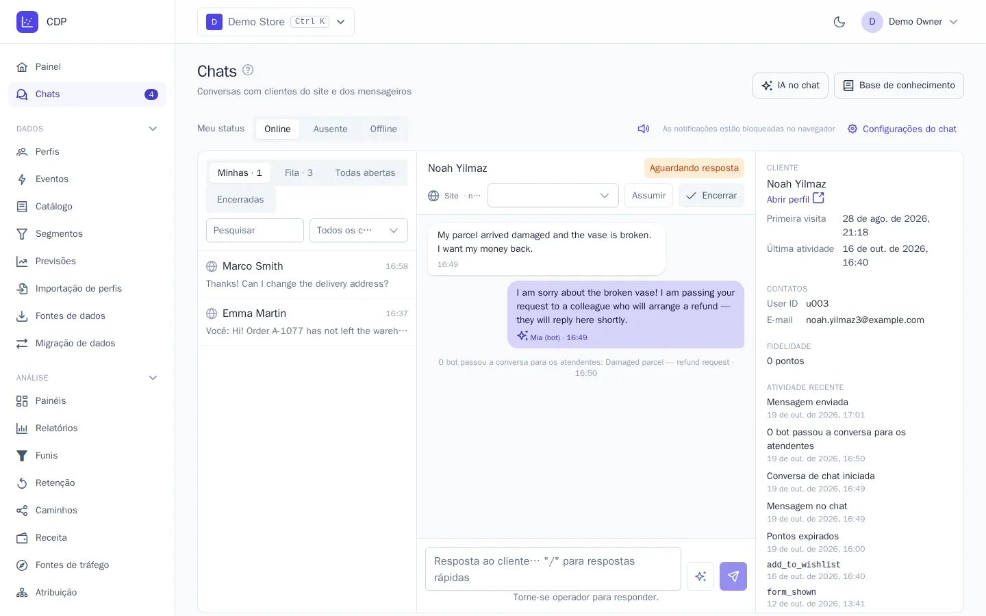 O bot passou a conversa para um operador