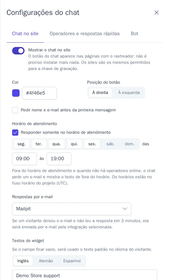 Configurações do chat no site