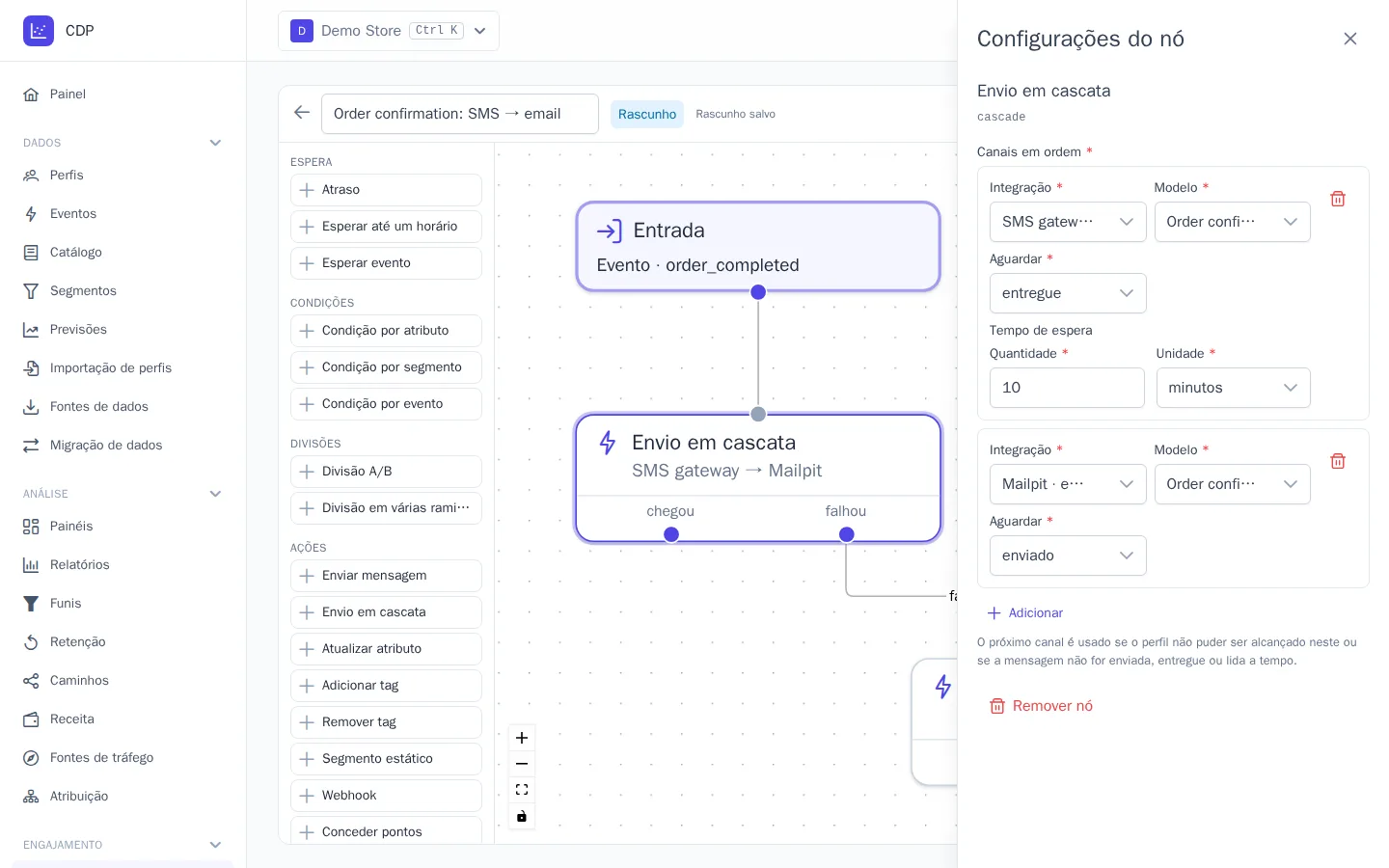Configurações do nó “Envio em cascata”: SMS e, se não for entregue em 10 minutos, e-mail